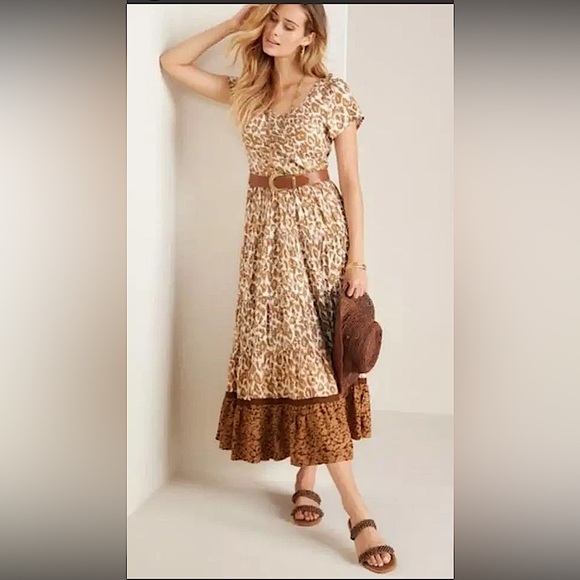 Soft Surroundings Mocha Leopard Kara tier bohemian western ruffle maxi dress XS - Picture 1 of 12